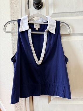 Anthropology- Maeve Navy Sleeveless Polo-Trim V-Neck Top